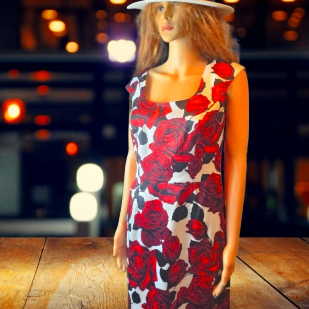 White House Black Market Dress Womens 6 Red Rose Floral